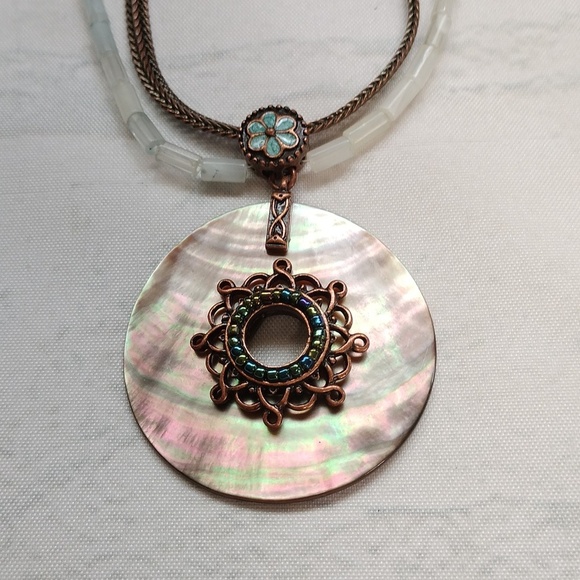Avon Multi Strand Mother Of Pearl Bronze Pendant Necklace Boho Peasant Western - Picture 13 of 14